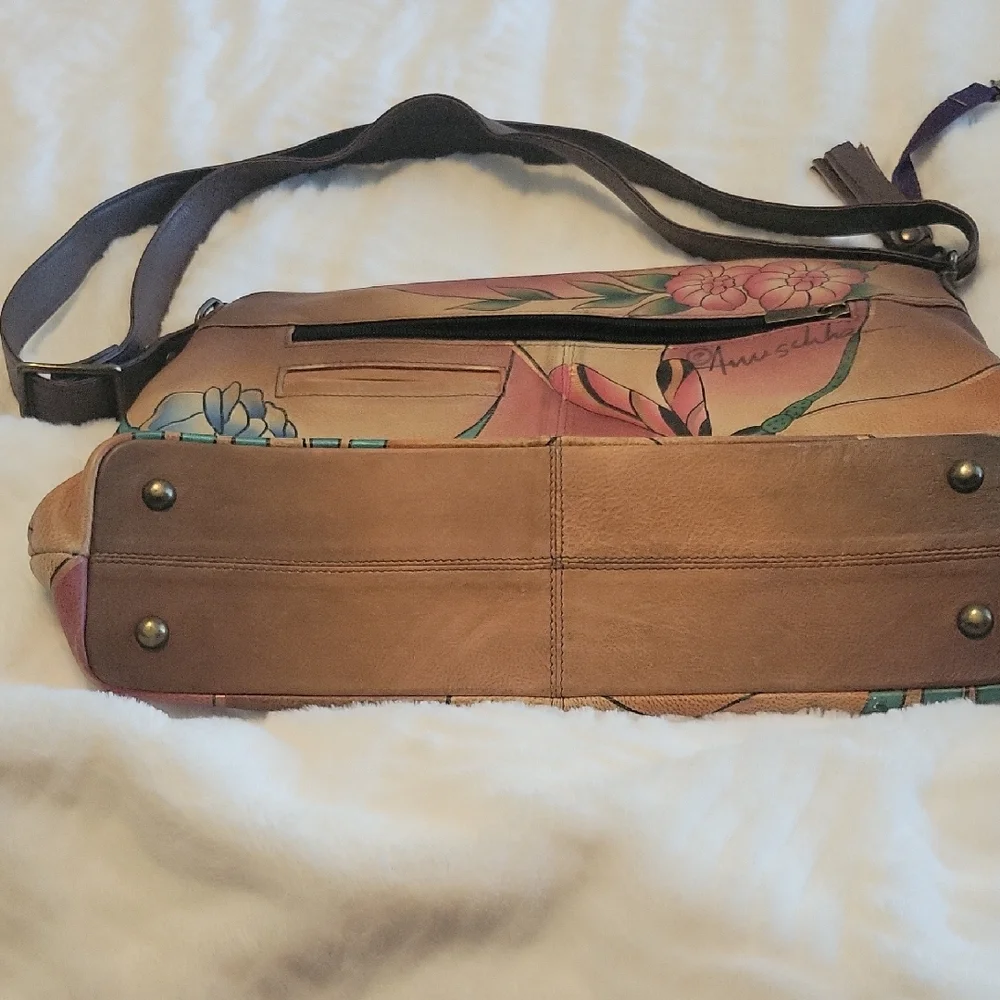 Anuschka Hand-Painted Leather Shoulder Bag - Floral Design 16" Wide 11 Long. - Picture 6 of 10